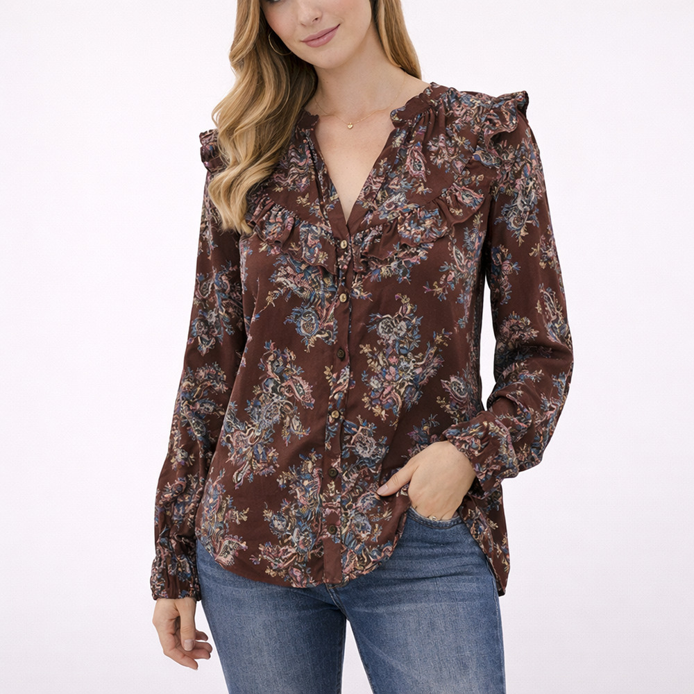 Veronica Beard Hopkins Ruffle Blouse 2 Printed Long Sleeve Designer Top